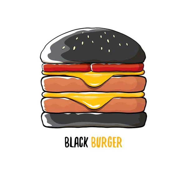 Icona vettoriale hamburger nero cartone animato con formaggio, carne e insalata icona isolata su sfondo bianco — Vettoriale Stock
