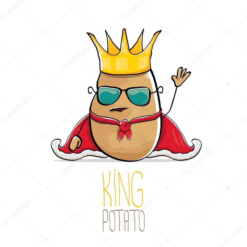 Vector funny cartoon cool cute brown smiling king potato with gold crown and red mantle or cape isolated on white background. vegetable funky character
