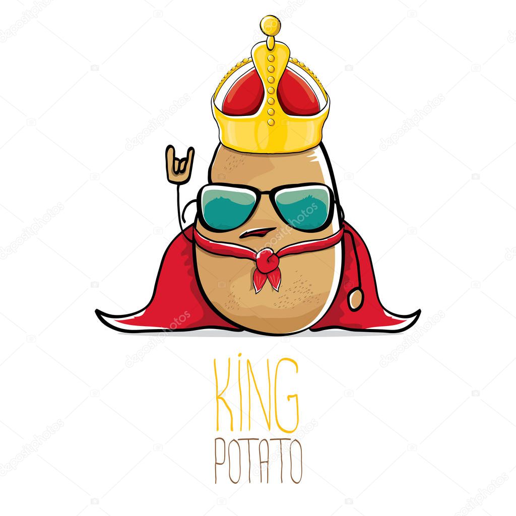 Vector funny cartoon cool cute brown smiling king potato with gold crown and red mantle or cape isolated on white background. vegetable funky character