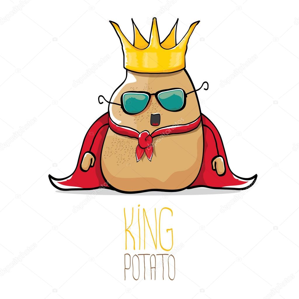 Vector funny cartoon cool cute brown smiling king potato with gold crown and red mantle or cape isolated on white background. vegetable funky character