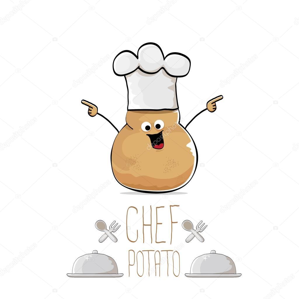 Vector funny cartoon cute brown chef potato isolated on white background. My name is potato vector concept. vegetable funky character with chef hat