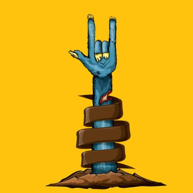 rock n roll jest metin için yer turuncu zemin üzerine izole vektör mavi çizgi film zombi el gösterir .