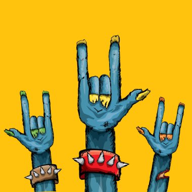 rock n roll jest metin için yer turuncu zemin üzerine izole vektör mavi çizgi film zombi el gösterir .