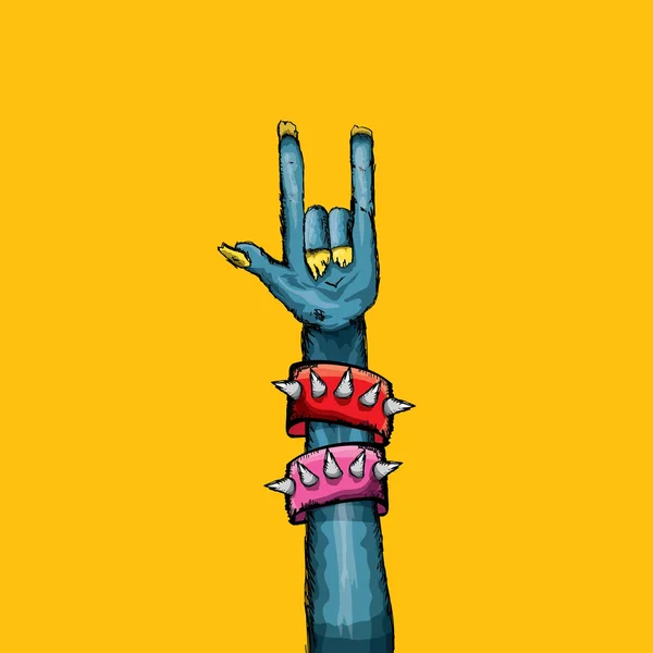 Vector blauwe cartoon Zombie hand toont rock n roll gebaar geïsoleerd op een oranje achtergrond met ruimte voor tekst . — Stockvector