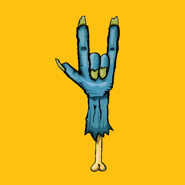 Wektor kreskówka niebieski Zombie ręka pokazuje rock n roll gest na białym tle na pomarańczowym tle z miejsca na tekst . — Wektor stockowy