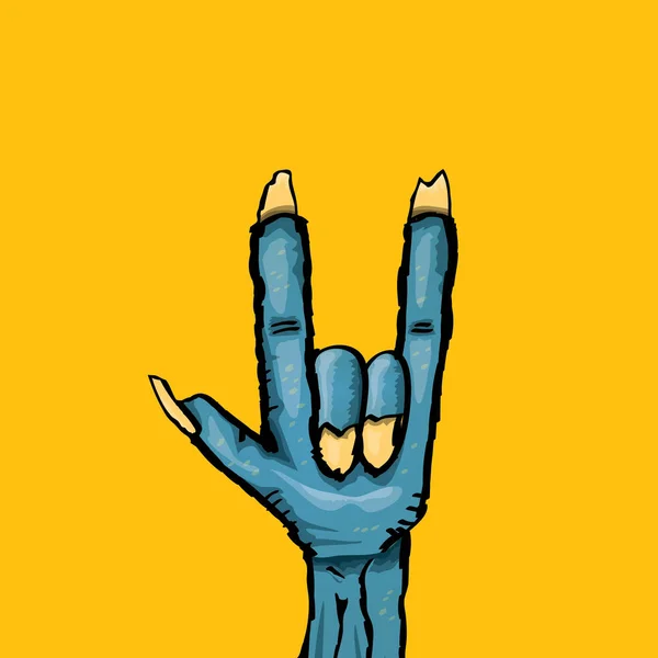 Vektor Blue Cartoon Zombie Hand zeigt Rock n Roll Geste isoliert auf orangefarbenem Hintergrund mit Platz für Text . — Stockvektor