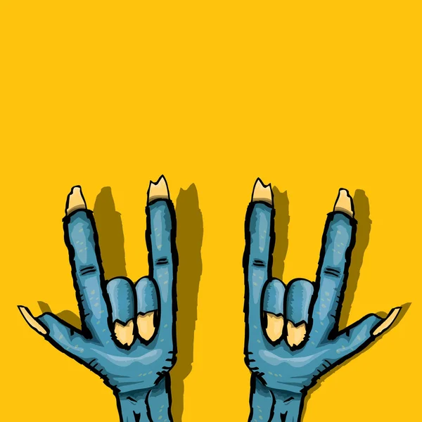 Vektor Blue Cartoon Zombie Hand zeigt Rock n Roll Geste isoliert auf orangefarbenem Hintergrund mit Platz für Text . — Stockvektor