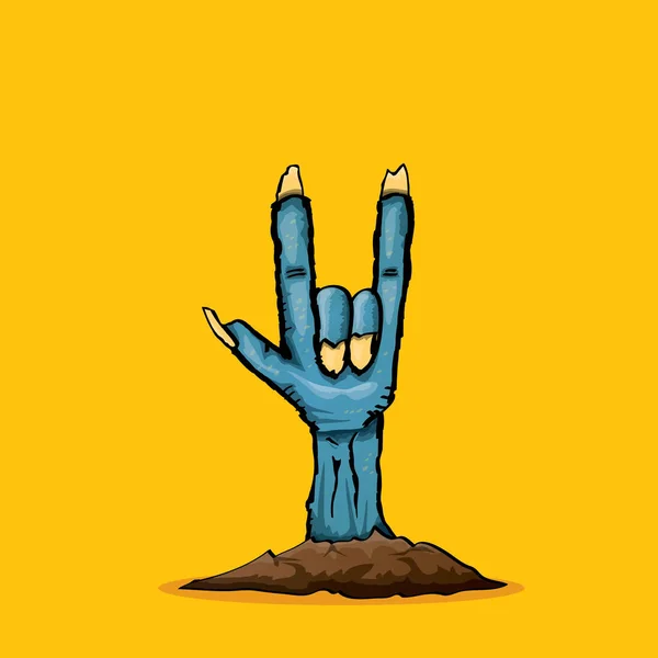 Vektor Blue Cartoon Zombie Hand zeigt Rock n Roll Geste isoliert auf orangefarbenem Hintergrund mit Platz für Text . — Stockvektor