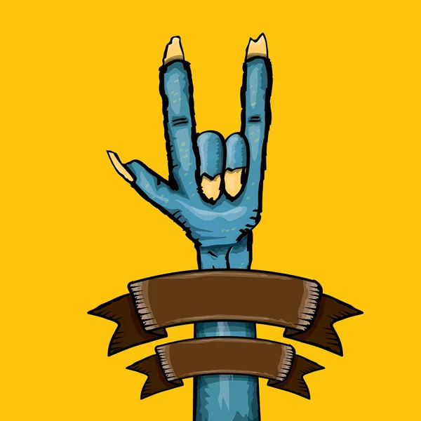 Διάνυσμα κινουμένων σχεδίων μπλε ζόμπι χέρι δείχνει rock n ' roll χειρονομία που απομονώνονται σε πορτοκαλί φόντο με χώρο για κείμενο . — Διανυσματικό Αρχείο