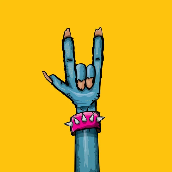 Vektor Blue Cartoon Zombie Hand zeigt Rock n Roll Geste isoliert auf orangefarbenem Hintergrund mit Platz für Text . — Stockvektor