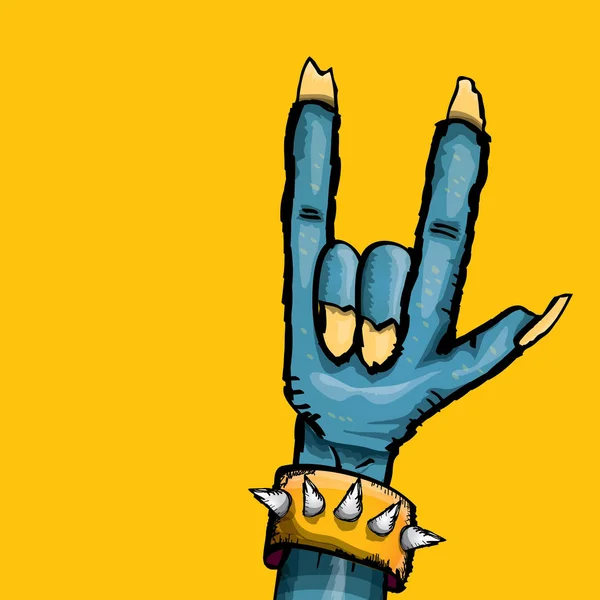 Vektor modrá kreslený Zombie ruka ukazuje rock n roll gesto izolované na oranžové pozadí s místem pro text . — Stockový vektor