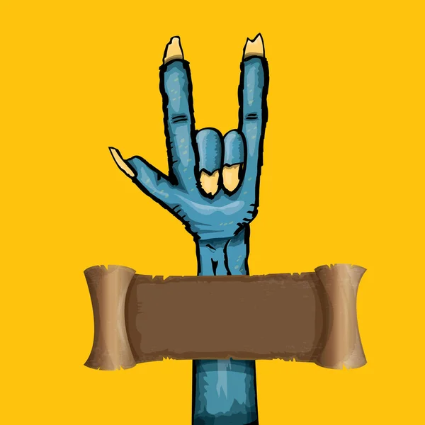 Vector azul de dibujos animados mano Zombie muestra rock n roll gesto aislado sobre fondo naranja con espacio para el texto  . — Vector de stock