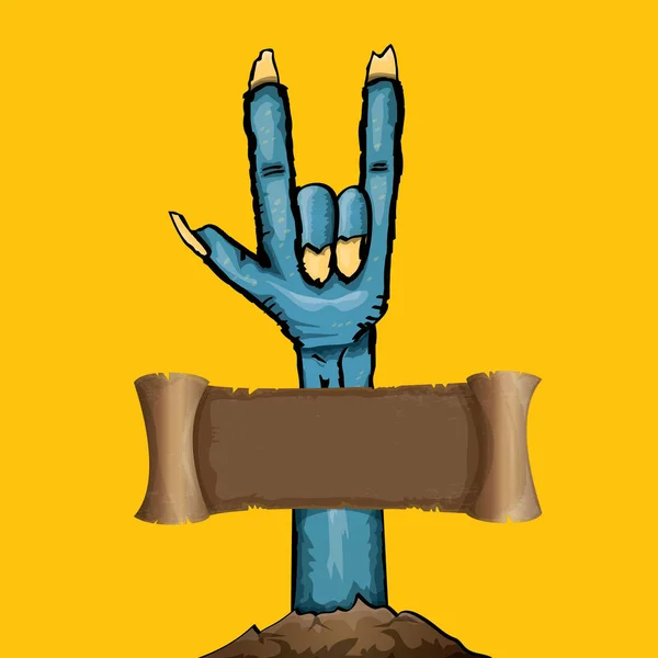 Vektor Blue Cartoon Zombie Hand zeigt Rock n Roll Geste isoliert auf orangefarbenem Hintergrund mit Platz für Text . — Stockvektor