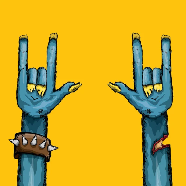 Vektor Blue Cartoon Zombie Hand zeigt Rock n Roll Geste isoliert auf orangefarbenem Hintergrund mit Platz für Text . — Stockvektor