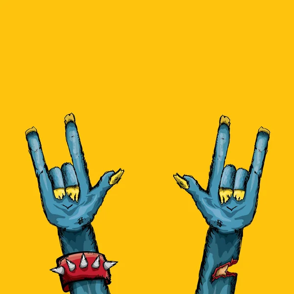 Vector blue cartoon Zombie hand shows rock n roll gesture isolated on orange background with space for text . — Stock Vector