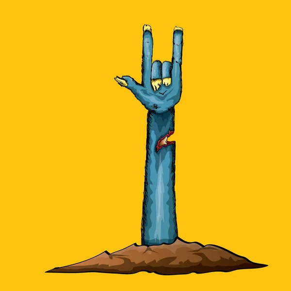 Векторний синій мультфільм Рука Зомбі показує рок-н-рольний жест ізольований на помаранчевому фоні з пробілом для тексту  . — стоковий вектор