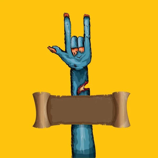 Vector blue cartoon Zombie hand shows rock n roll gesture isolated on orange background with space for text . — Stock Vector