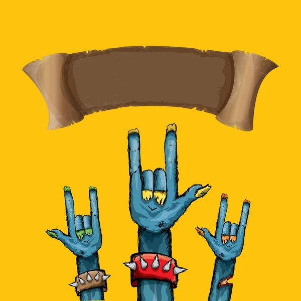 Vektor Blue Cartoon Zombie Hand zeigt Rock n Roll Geste isoliert auf orangefarbenem Hintergrund mit Platz für Text . — Stockvektor