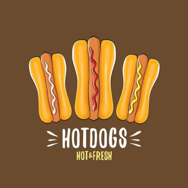 vektör karikatür sosis simgesi üzerinde izole kahverengi zemin ayarlayın. Vintage sıcak köpek poster ya da etiket tasarım