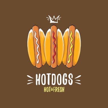 vektör karikatür sosis simgesi üzerinde izole kahverengi zemin ayarlayın. Vintage sıcak köpek poster ya da etiket tasarım