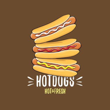 vektör karikatür sosis simgesi üzerinde izole kahverengi zemin ayarlayın. Vintage sıcak köpek poster ya da etiket tasarım