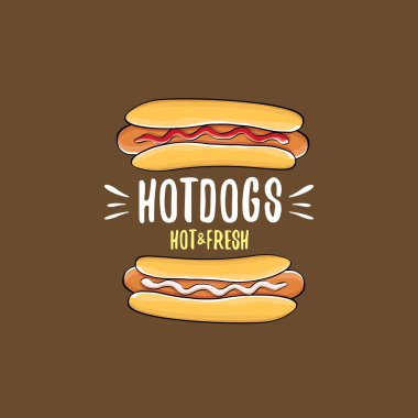 vektör karikatür sosis simgesi üzerinde izole kahverengi zemin ayarlayın. Vintage sıcak köpek poster ya da etiket tasarım