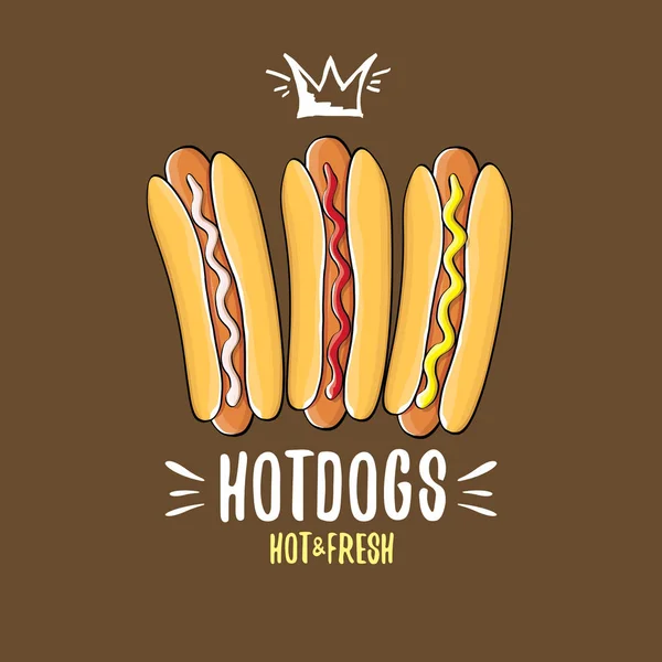 Vetor desenho animado hotdogs ícone conjunto isolado no fundo marrom. Cartaz de cachorro-quente vintage ou design de rótulo — Vetor de Stock