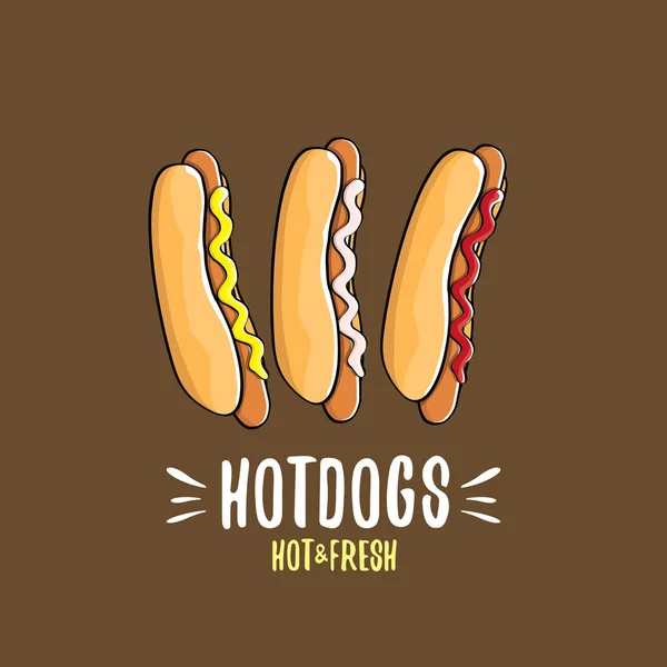Διάνυσμα κινουμένων σχεδίων χοτ ντογκ εικονίδιο που απομονωμένη σε καφέ φόντο. Vintage hot dog αφίσα ή ετικέτα design — Διανυσματικό Αρχείο