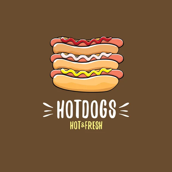 Vector de dibujos animados hotdogs icono conjunto aislado sobre fondo marrón. Cartel vintage de perro caliente o diseño de etiqueta — Vector de stock