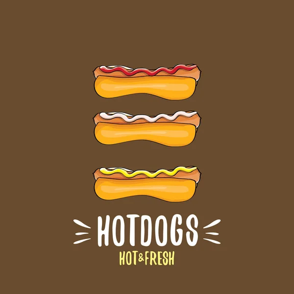 Vector de dibujos animados hotdogs icono conjunto aislado sobre fondo marrón. Cartel vintage de perro caliente o diseño de etiqueta — Vector de stock