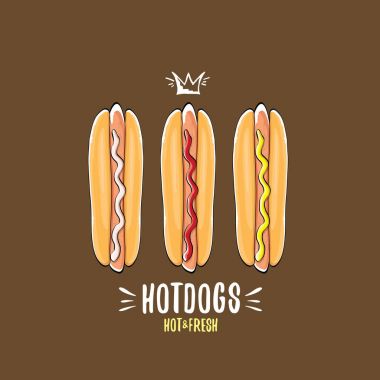 vektör karikatür sosis simgesi üzerinde izole kahverengi zemin ayarlayın. Vintage sıcak köpek poster ya da etiket tasarım
