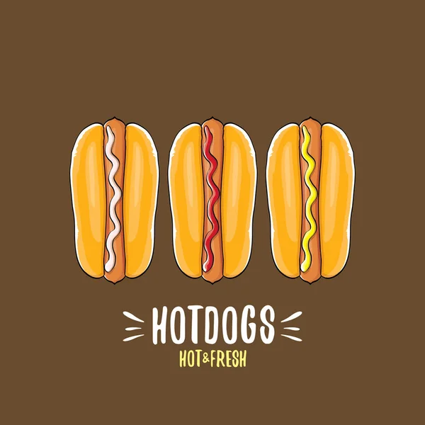 Vector de dibujos animados hotdogs icono conjunto aislado sobre fondo marrón. Cartel vintage de perro caliente o diseño de etiqueta — Vector de stock