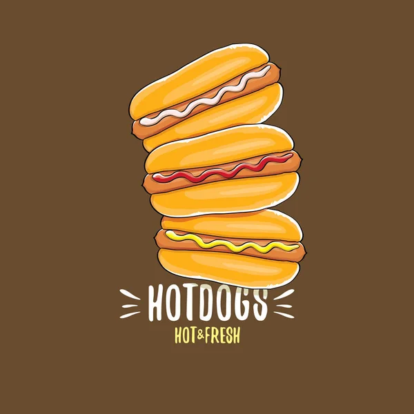 Vektor kreslené hotdogs ikony nastavit izolované na hnědé pozadí. Návrh plakátu nebo štítku Vintage hot dog — Stockový vektor