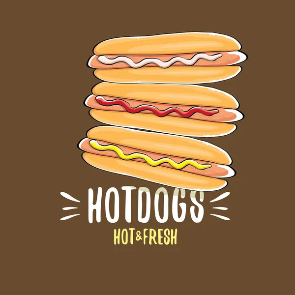 Διάνυσμα κινουμένων σχεδίων χοτ ντογκ εικονίδιο που απομονωμένη σε καφέ φόντο. Vintage hot dog αφίσα ή ετικέτα design — Διανυσματικό Αρχείο