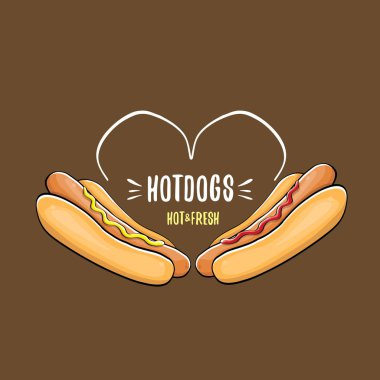 vektör karikatür sosis simgesi üzerinde izole kahverengi zemin ayarlayın. Vintage sıcak köpek poster ya da etiket tasarım