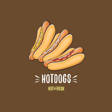 vektör karikatür sosis simgesi üzerinde izole kahverengi zemin ayarlayın. Vintage sıcak köpek poster ya da etiket tasarım