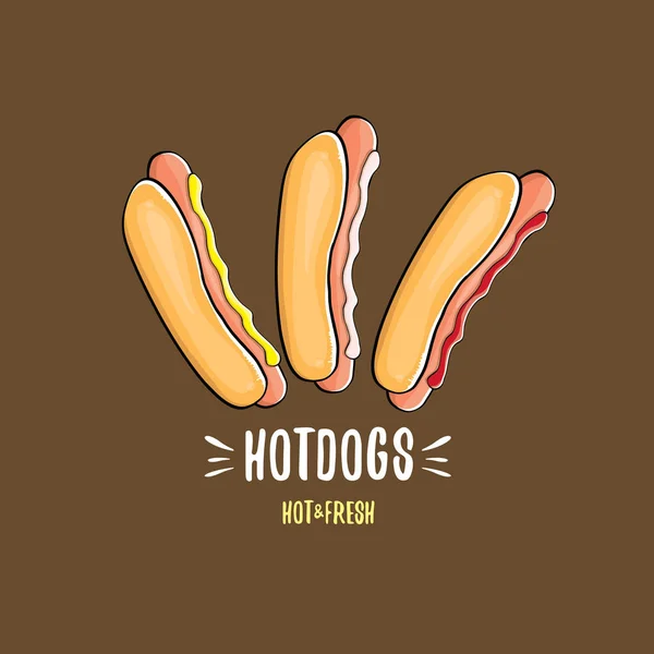 Vector de dibujos animados hotdogs icono conjunto aislado sobre fondo marrón. Cartel vintage de perro caliente o diseño de etiqueta — Vector de stock
