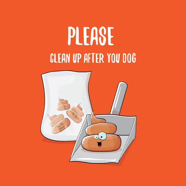Clean up after your dog vector illustration with a cartoon smiling poop and scoop for dogs excrement. — Stock Vector
