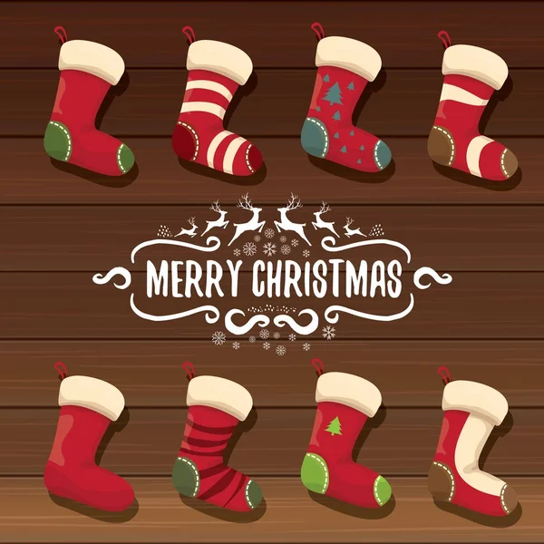 Vector cartoon cute christmas stocking or socks with color ornament. Merry Christmas vector greeting card — Stock Vector