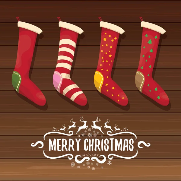 Vecteur dessin animé mignon Noël bas ou chaussettes avec ornement de couleur. Joyeux Noël vecteur carte de vœux — Image vectorielle