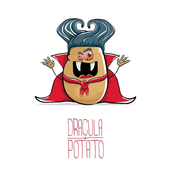 Vetor engraçado desenho animado bonito dracula batata com presas e capa vermelha isolada no fundo branco. vampiro monstro vegetal funky personagem — Vetor de Stock