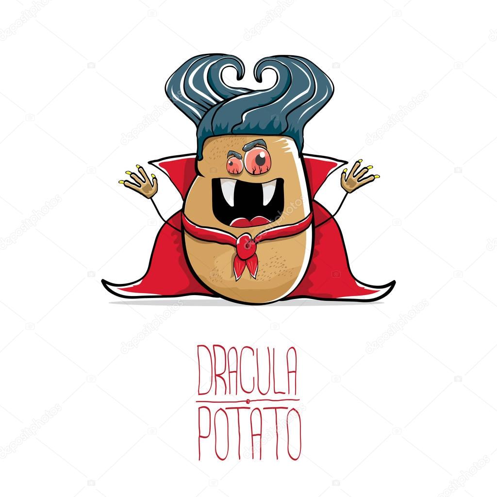 vector funny cartoon cute dracula potato with fangs and red cape isolated on white background. vampire monster vegetable funky character