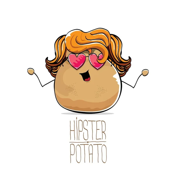 Vecteur drôle dessin animé mignon brun hipster pomme de terre avec de longs cheveux blonds et rose lunettes de soleil en forme de coeur isolé sur fond blanc . — Image vectorielle