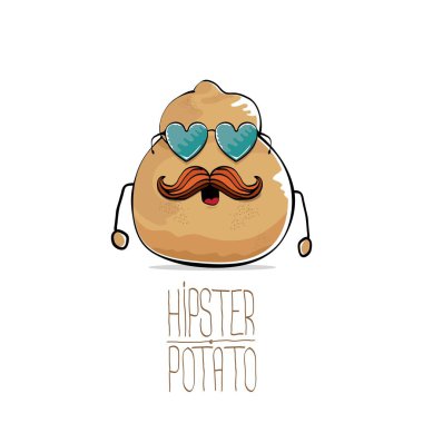 güneş gözlüklü beyaz arka plan üzerinde izole komik bıyık ve kalp şekli komik karikatür şirin kahverengi eski hippi büyükbaba kel patates vektör.