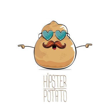 güneş gözlüklü beyaz arka plan üzerinde izole komik bıyık ve kalp şekli komik karikatür şirin kahverengi eski hippi büyükbaba kel patates vektör.