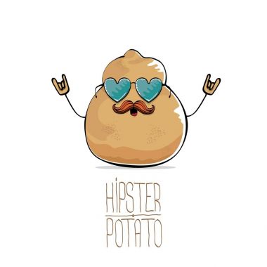 güneş gözlüklü beyaz arka plan üzerinde izole komik bıyık ve kalp şekli komik karikatür şirin kahverengi eski hippi büyükbaba kel patates vektör.