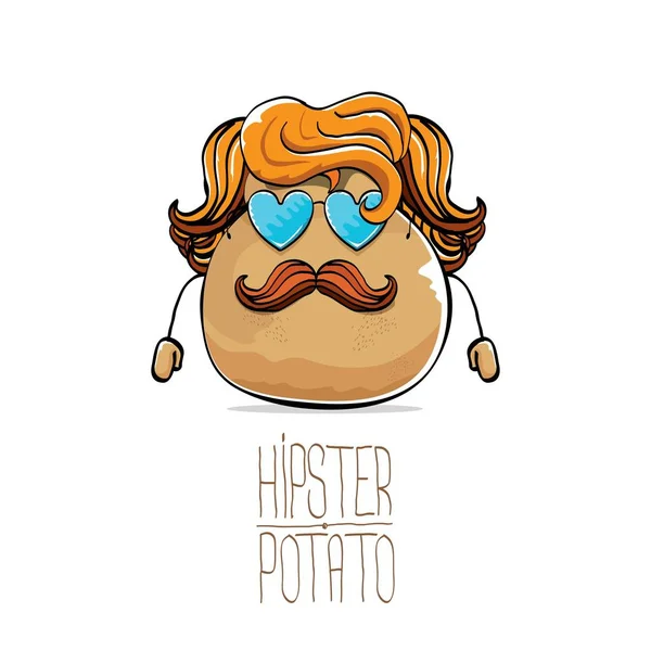 Vector divertido dibujos animados lindo marrón patata hipster con pelo largo y rubio, bigote y gafas de sol en forma de corazón azul aislados sobre fondo blanco . — Archivo Imágenes Vectoriales