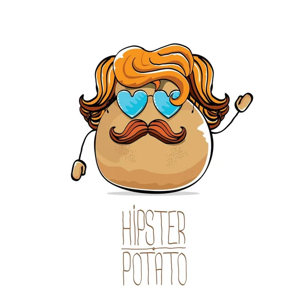 Vector divertido dibujos animados lindo marrón patata hipster con pelo largo y rubio, bigote y gafas de sol en forma de corazón azul aislados sobre fondo blanco . — Archivo Imágenes Vectoriales
