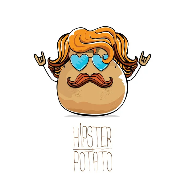 Vector divertido dibujos animados lindo marrón patata hipster con pelo largo y rubio, bigote y gafas de sol en forma de corazón azul aislados sobre fondo blanco . — Archivo Imágenes Vectoriales