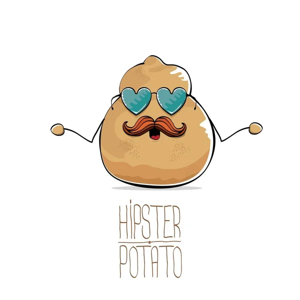 Vettore divertente cartone animato carino marrone vecchio hipster nonno pelato patata con baffi divertenti e occhiali da sole a forma di cuore isolato su sfondo bianco . — Vettoriale Stock